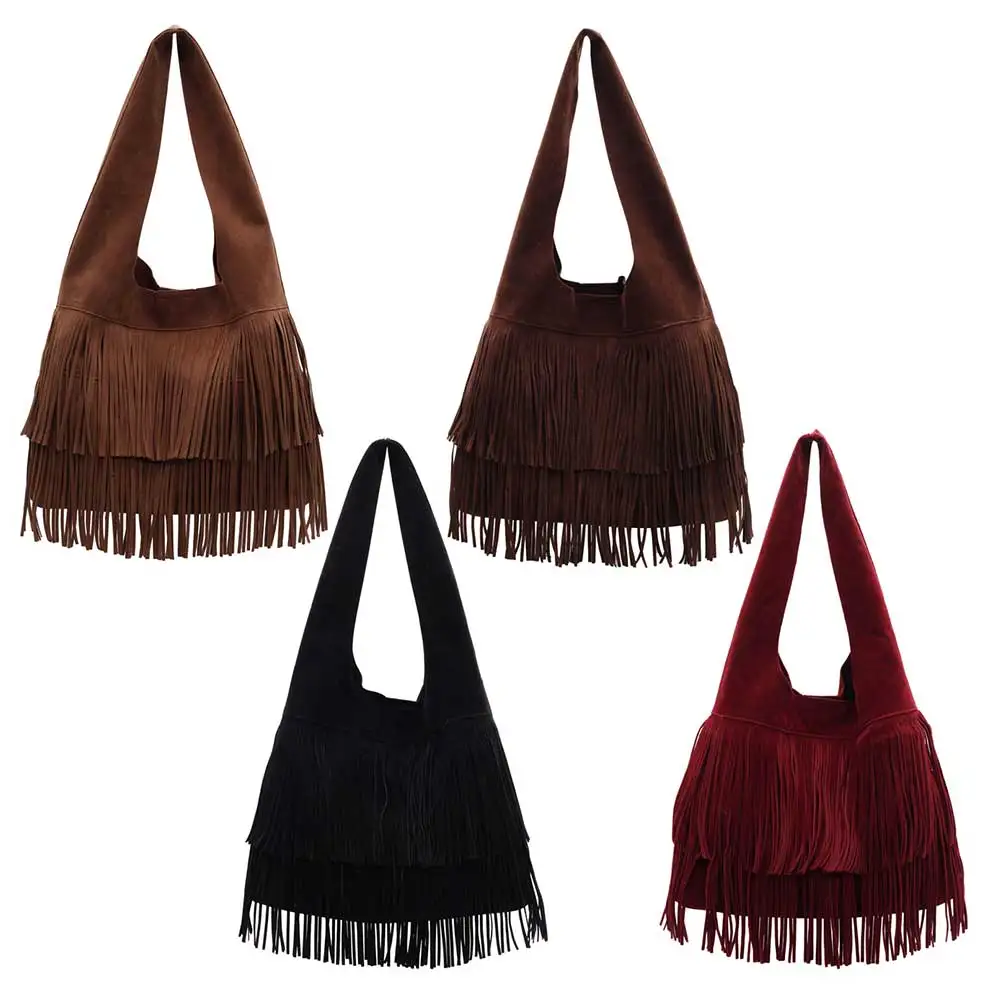 

Women Frosted Tassel Shoulder Bag Faux Suede Fringe Underarm Bag Large Capacity Vintage Tote Bag Ladies Commute Bag
