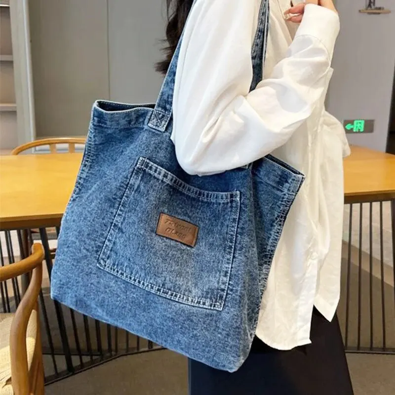 Denim Fabric Handbag Soft Portable Lady Chic Tote Bags Washed Denim Casual Women\'s Denim Bag Crossbody Bag