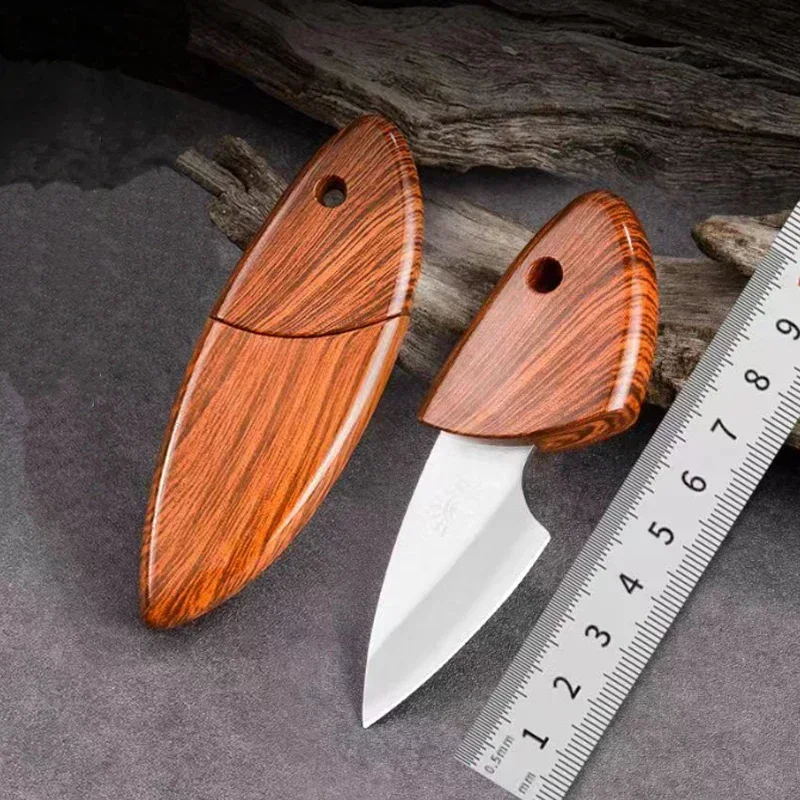 Mini D2 Blade EDC Kitchen Fruit imitate Wooden Handle Knife with Wooden Sheath Outdoor Camping Multifunctional Unpacking Knife