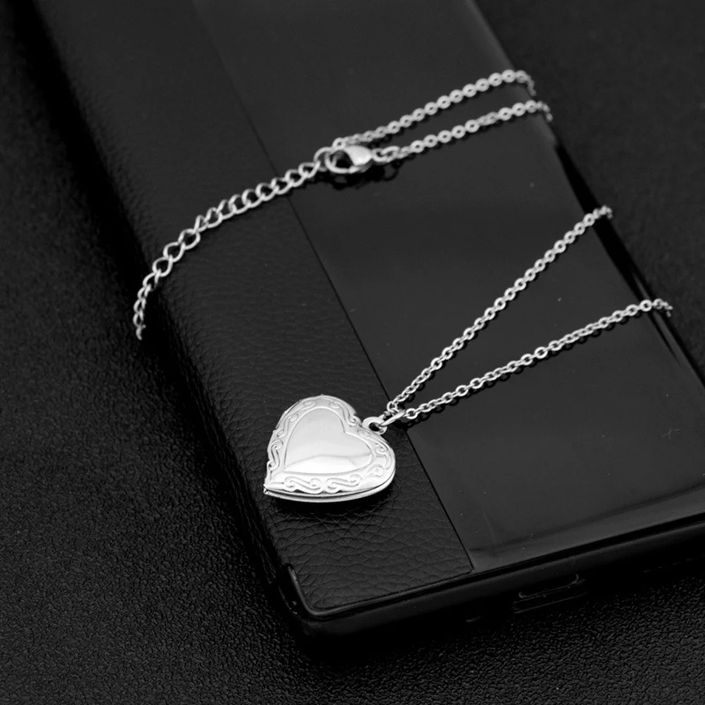 1 Heart Shaped Photo Frame Pendant Necklace Love Heart Charm Stainless Steel Locket Necklace Women Men Fashion Memorial Jewelry