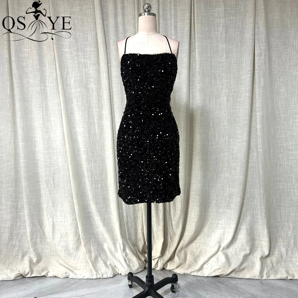 Black Sequin Sheath Short Prom Dresses Spaghetti Straps Open Low Back Evening Gown Knee Length Back Straps Sexy Girl Party Gown