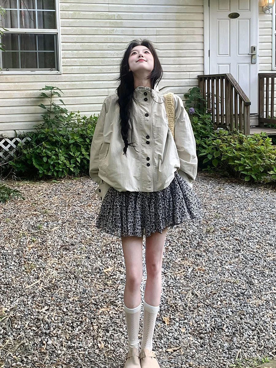 Talla grande 300 Pou American Retro Stand Collar Ropa de trabajo Jaet Mujeres Casual Versátil Suelto Ajuste Jaet Top Commute Sle Po...