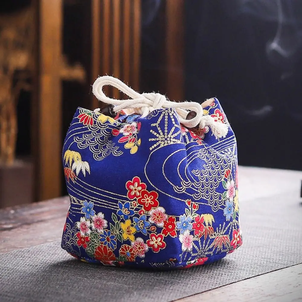 

Canvas Flower Drawstring Bag Dragon Stripe Print Tea Set Storage Bag Cloud Korean Style Square Flower Wrist Bag Female/Girls