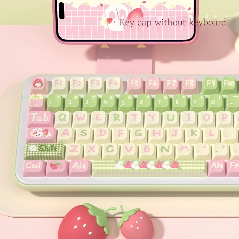 Strawberry Milk Rabbit Keycap 138 Key Small Full Set 158 Key Full Set Mda Highly Compatible Multiple Types Mechanical Keyboar