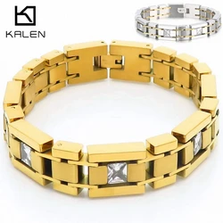 Personalized Square Rhinestone Bracelet for Men Hip Hop Golden Stainless Steel Strap Chain Accessories Simple Trend Jewelry Gift