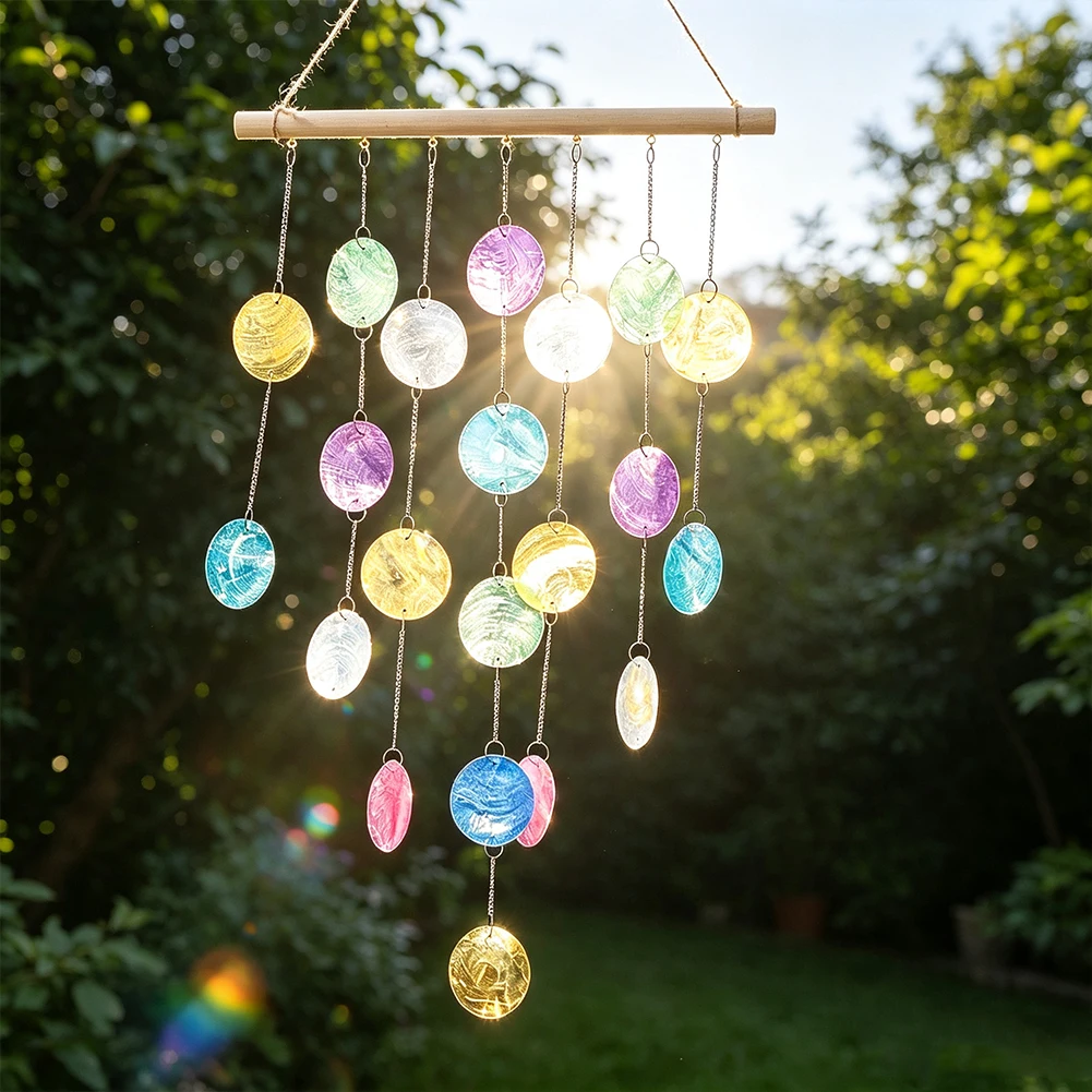 Rainbow Color Shell Wind Chime Suncatcher Natural Round Shell Slice Window Curtain Hanging for Outdoor Garden Balcony Home Decor