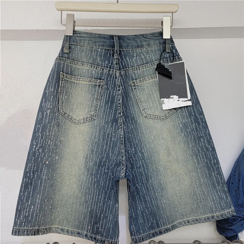 المرأة 2025 صيف جديد الدنيم السراويل موضة السماء المرصعة بالنجوم الساخن الماس جينس قصير المرأة العصرية عالية الخصر فضفاض مستقيم السراويل