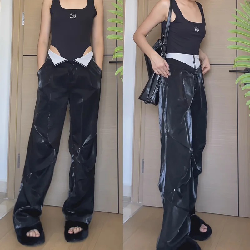 

European design high fashion Shiny Metallic Long Pants Nightclub Stage women"s high Waist Wide Leg Pants 6115