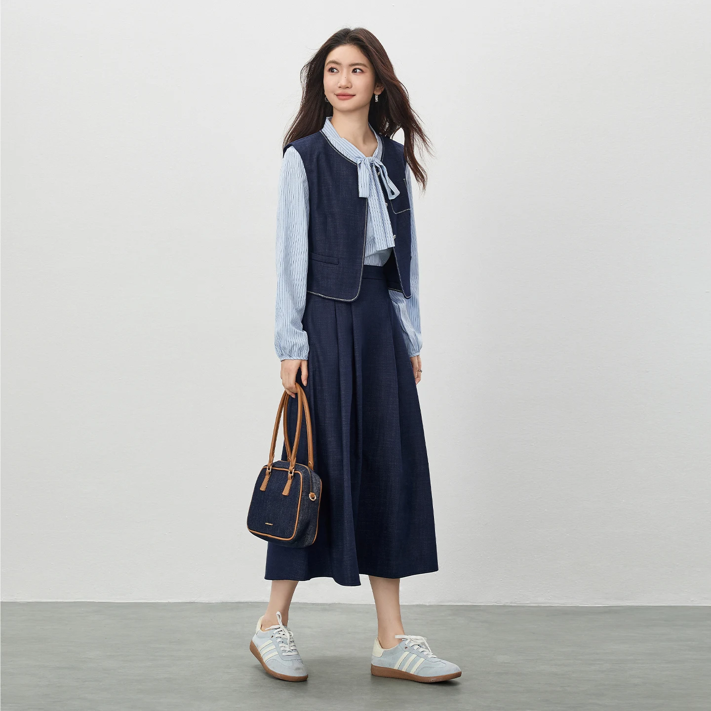 SENTUBILA Women's Office Three-Piece Set 2026 Spring New Tie Neck Striped Shirt Round Neck Vest A-Line Midi Skirt Sets W61ZA6866
