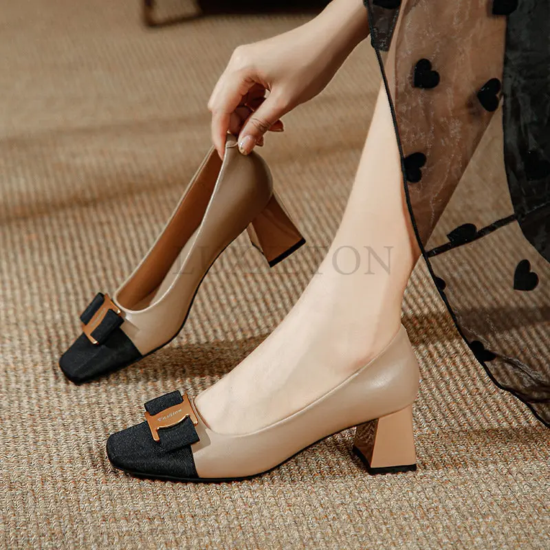 Metal Buckle Leather High Heels Spring  Autumn Cowhide Women\'s Shoes Soft Comfortable Work Shoes Pumps