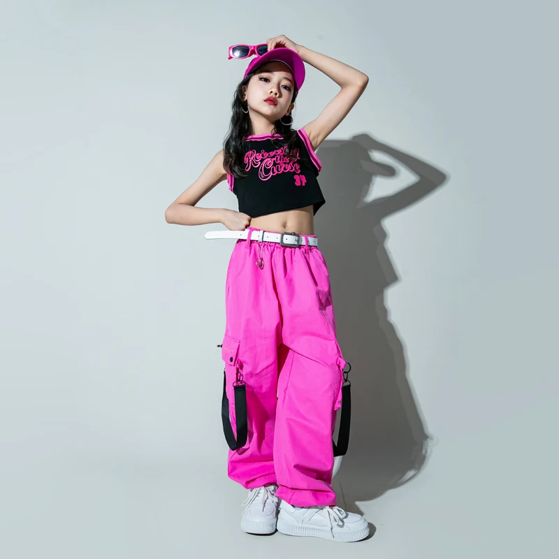 Girls Hip Hop Clothes Jazz Dance Costume Kids Sleeveless Tops Loose Rose Red Pants Teenage Street Dance Kpop Performance Clothes