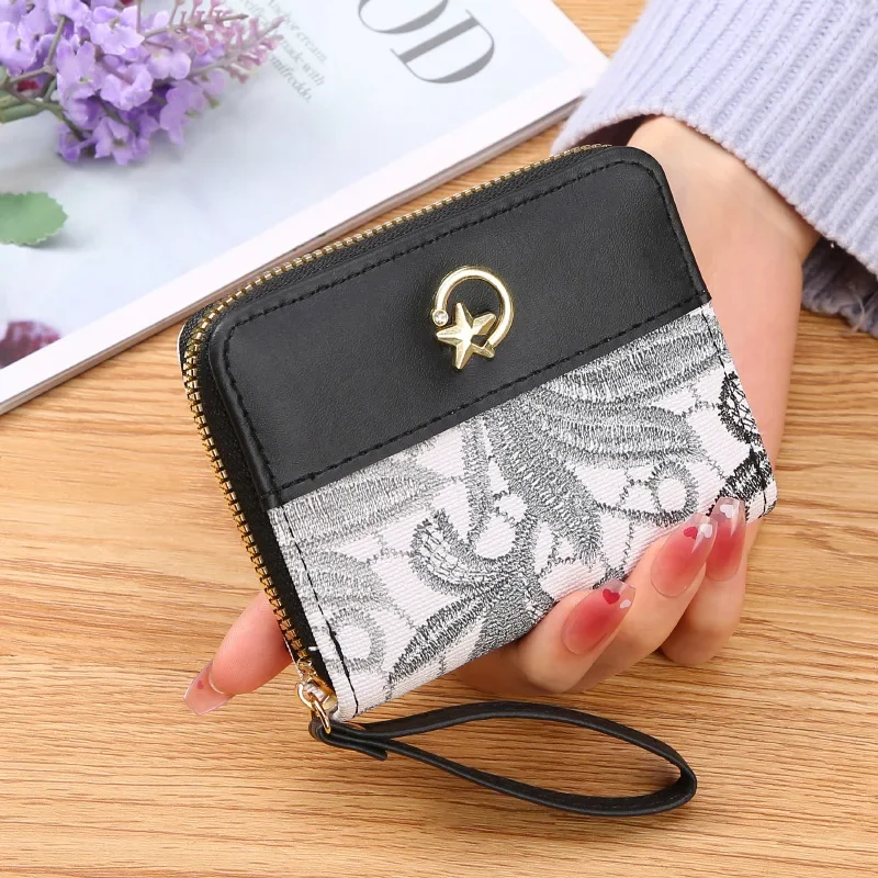 

Fashionable Embroidered Purse Large Capacity Soft Leather Money \ Key Bag,New Single Zipper Women's Fashion Girl's Zero Wallet