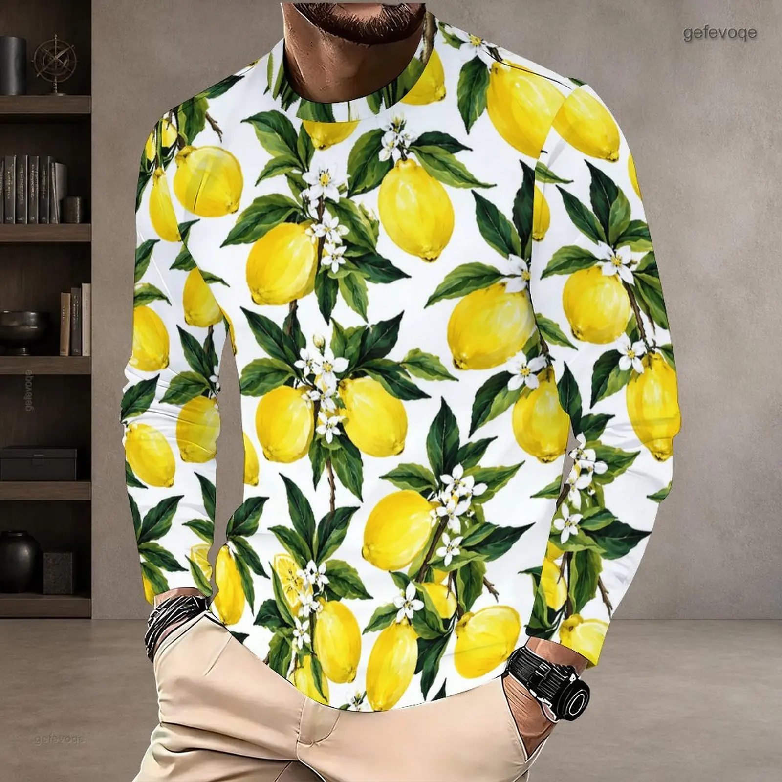 Men All Over Printed Round Neck Long Sleeve T-Shirt, Yellow Lemon Green Leaf White Flower Pattern