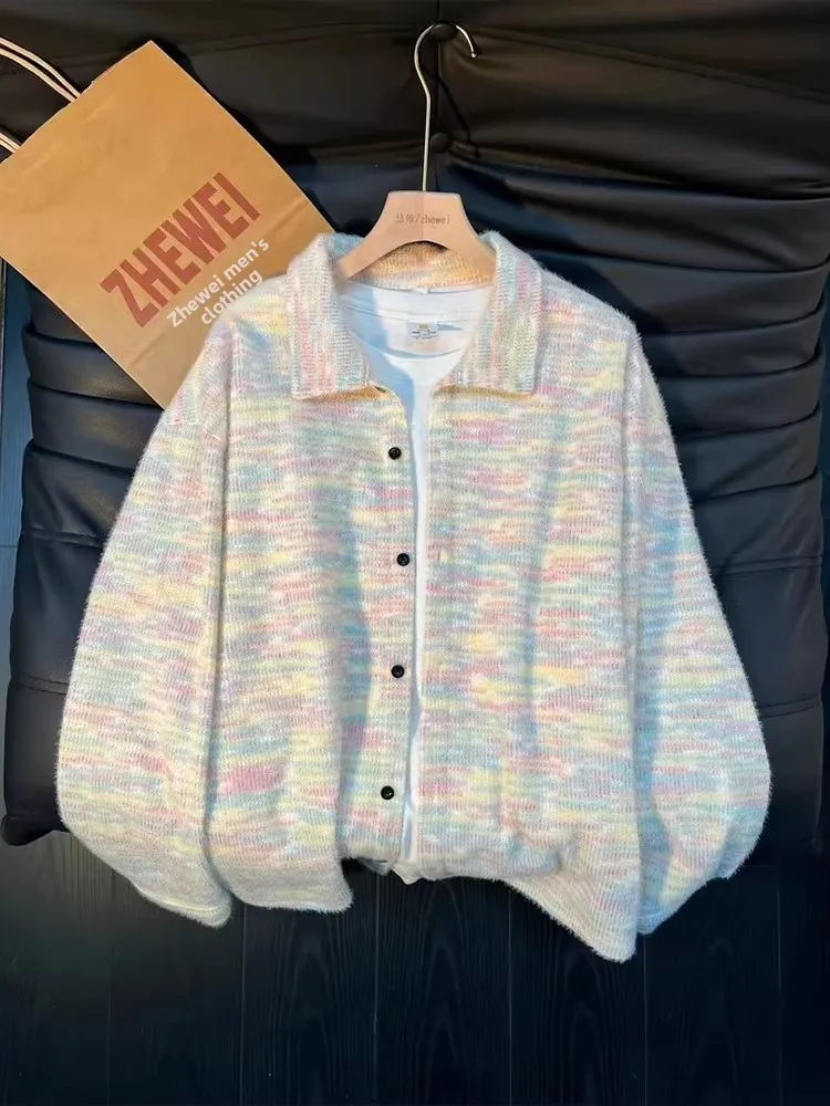 

Long Sve Knitted Cardigan irt Men's Turn-down Collar Spring Couple's High Design Sense Knitted Outerwear