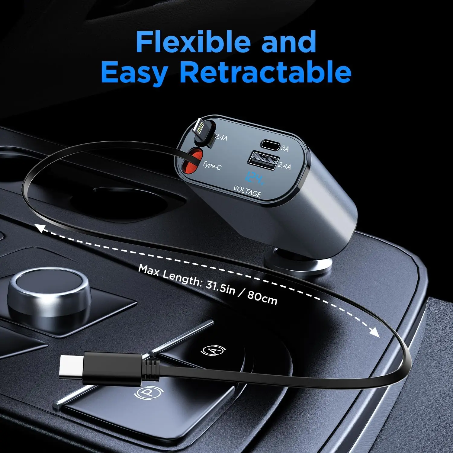 

100w 4 IN 1 Retractable Car Charger USB Type C Cable For IPhone Huawei Samsung Fast Charge Cord Cigarette Lighter Adapter