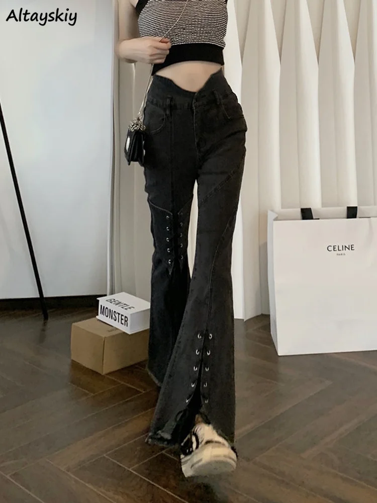 Bandage Flare Jeans for Women High Waist Street Hipster Mopping Vintage Denim Harajuku Irregular Slit Korean Fashion Retro Style