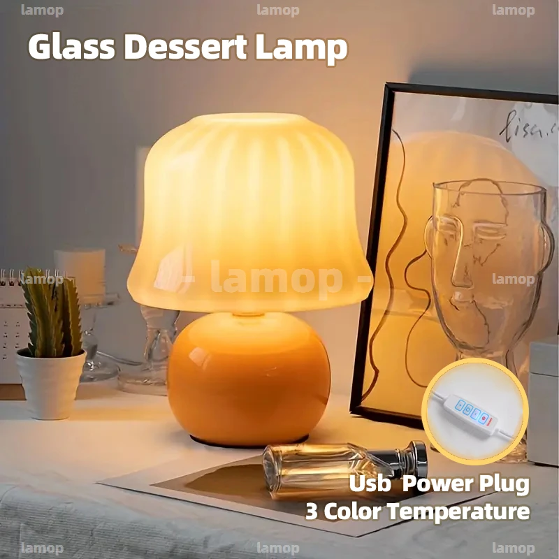 Glass Ribbed‑Umbrella‑Shade Table Lamp Soft‑Romantic 3 Tone Mild Radiance Bedside Study Lounge Shelf Decor