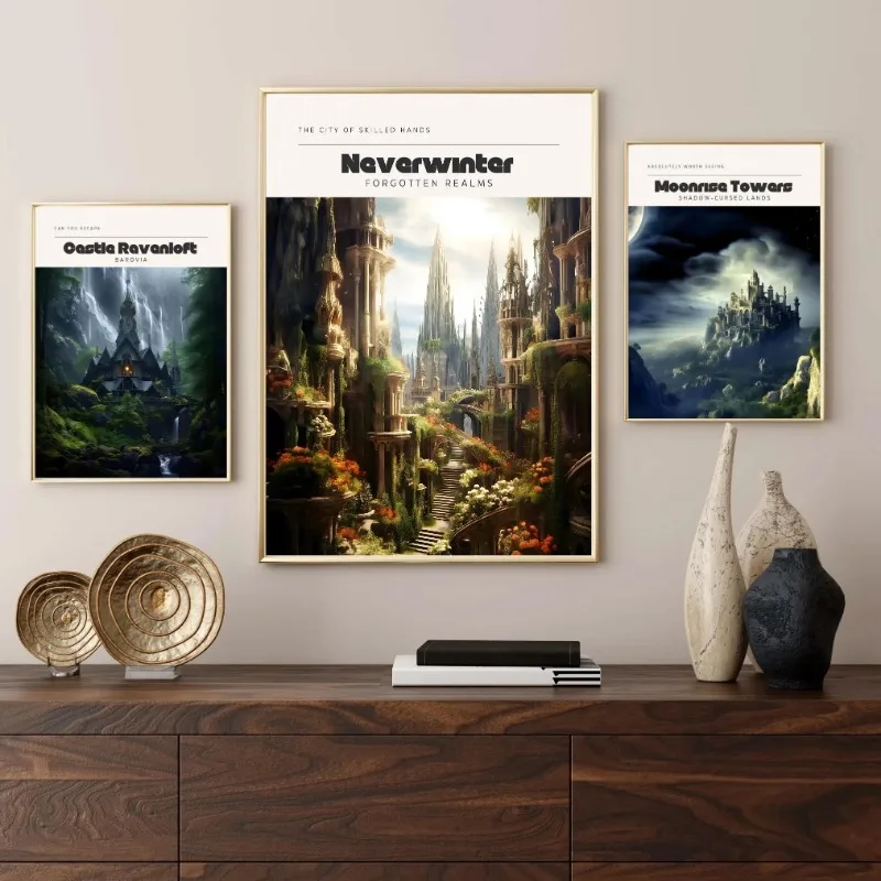 D&D Fantasy Travel Poster Modern Landscape Canvas Print Geek Decor Wall Art D-Dungeons & Dragons Living Room Home Office Decor