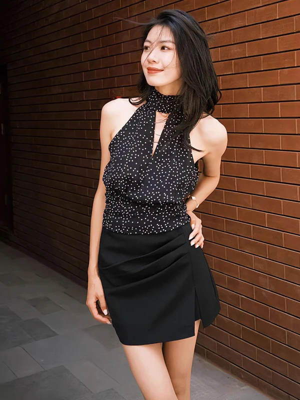 Bla Polka Dot Ne Hanging Svel irt Women's Summer New Sle Beach Vaion Faion Beautiful Small Top Upper Body