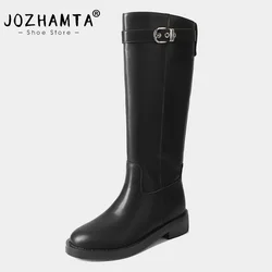 JOZHAMTA Size 34-40 Knee Boots For Women Ruched Real Leather Kitten High Heels Shoes Winter 2025 Wide Calf Vintage Long Boots