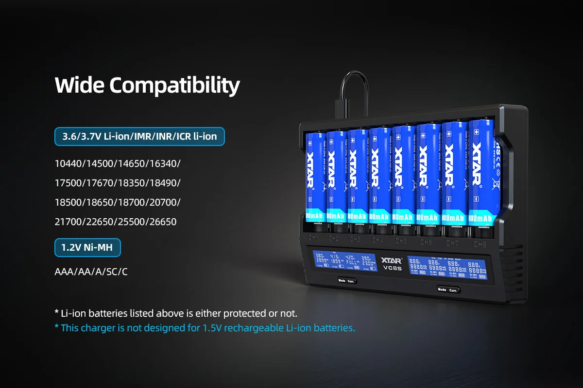 XTAR VC8S Smart Battery Charger - 8-Slot, Fast Charging, Battery Testing, Wide Compatibility with 3.6/3.7V Li-ion and 1.2V Ni-MH