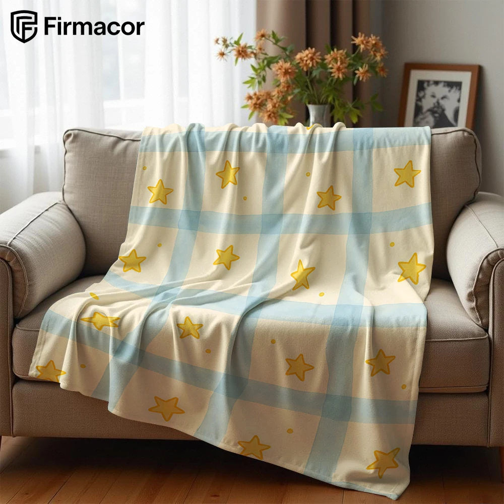 Blue Gingham & Stars Cartoon Anime Print Flannel Blanket Soft Warm Throw for Kids Bedroom Sofa Bed Christmas Office Car