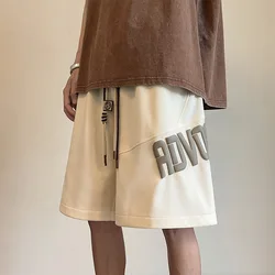 High Street Khaki Men Summer Letter Printing Casual Thin Style Street Leisure Loose Elastic Waist Drawstring All-match Shorts