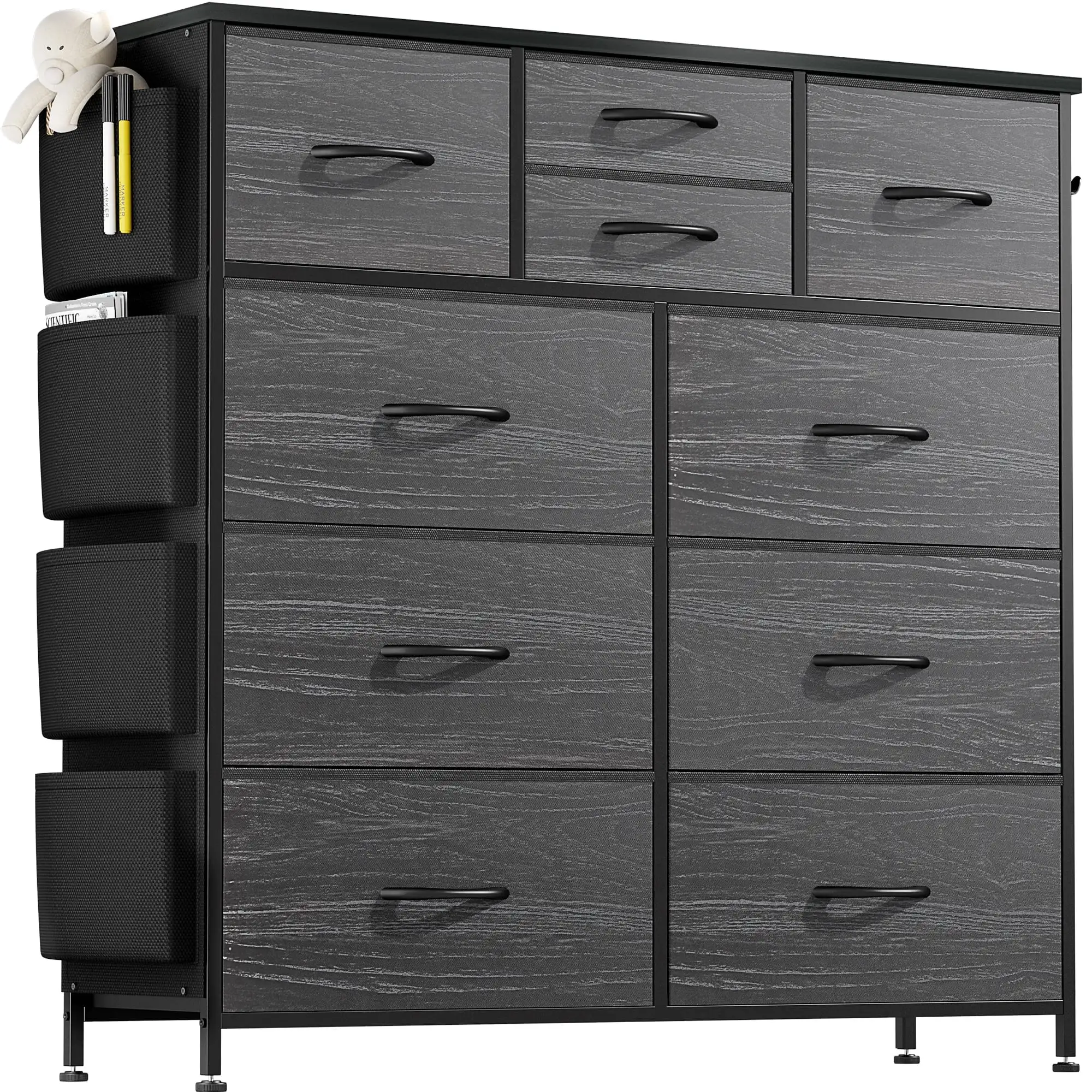 

10 Drawer Dresser, Chest of Drawers for Bedroom with Side Pockets and Hooks, Black