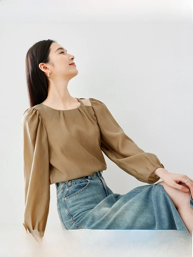 

Slimming Effectiven Chiffon Base irt Women's Faionable Ele Sle Autumn New Arrival Long Sve round Ne Top