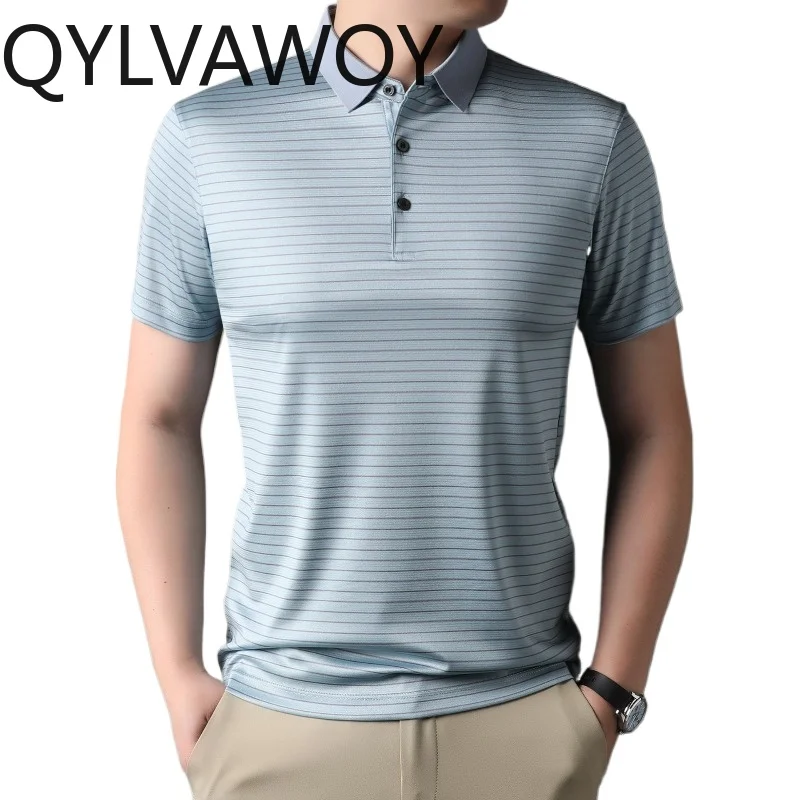 QYLVAWOY Men's Striped Short Sleeve Polo Shirt 4.8% Mulberry Silk Blend Tshirts Wrinkle Resistant Business Casual Summer Top