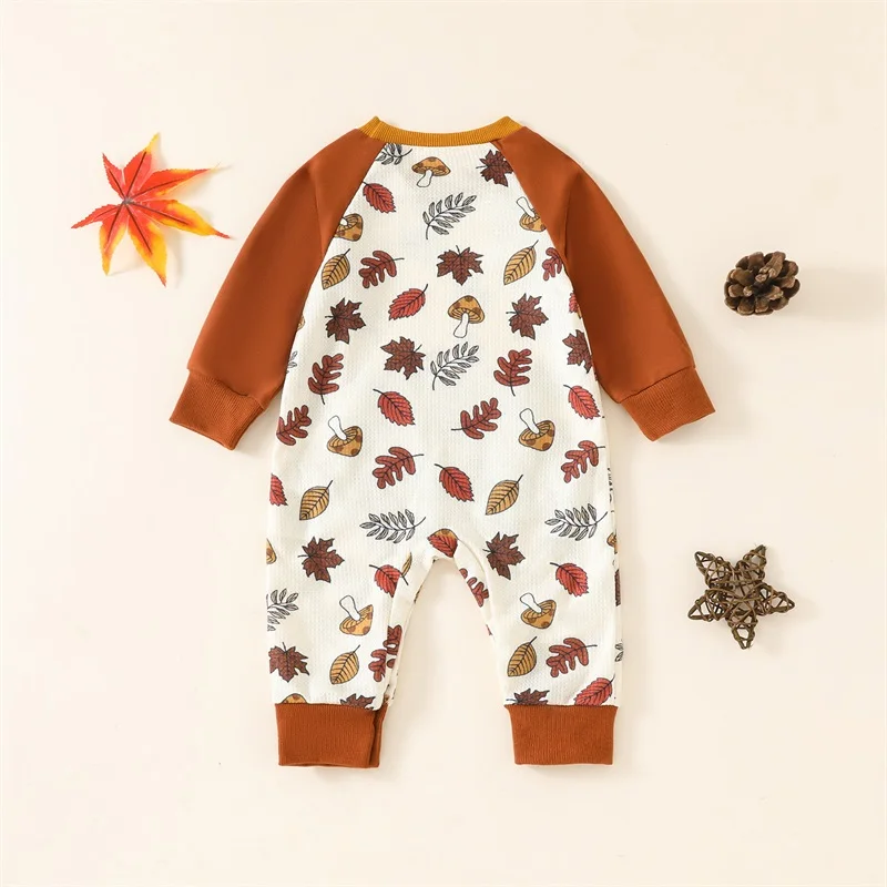 Baby Jumpsuit Long Sleeve Crew Neck Leaves Print Fall Romper Clothes for Boys Girls