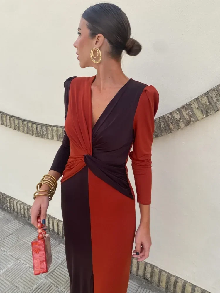 Chaxiaoa Elegant Sleeveless Color Block Long Sleeve Dress Women Sexy V-neck Bodycon Party Evening Dress Winter New Vestidos 2026