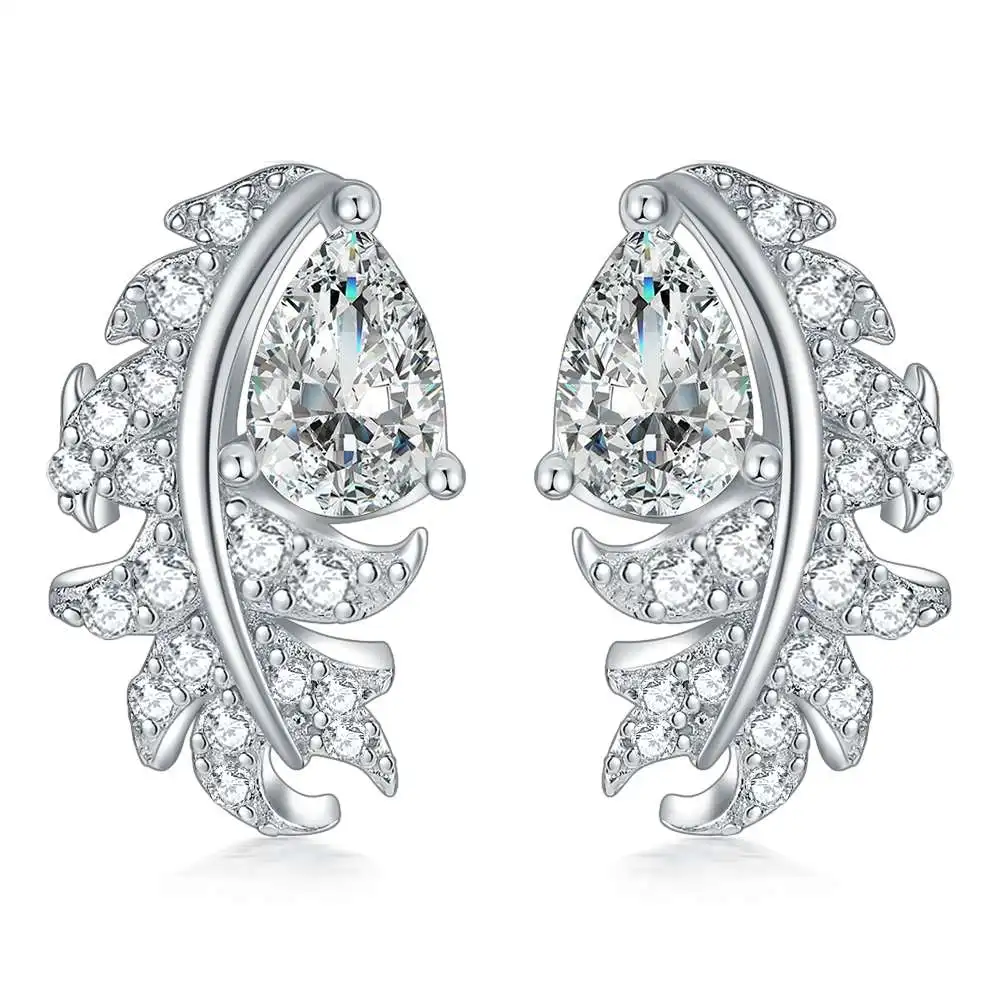 

OEM Wedding Elegant Jewelry 925 Silver Plated Feather Earrings