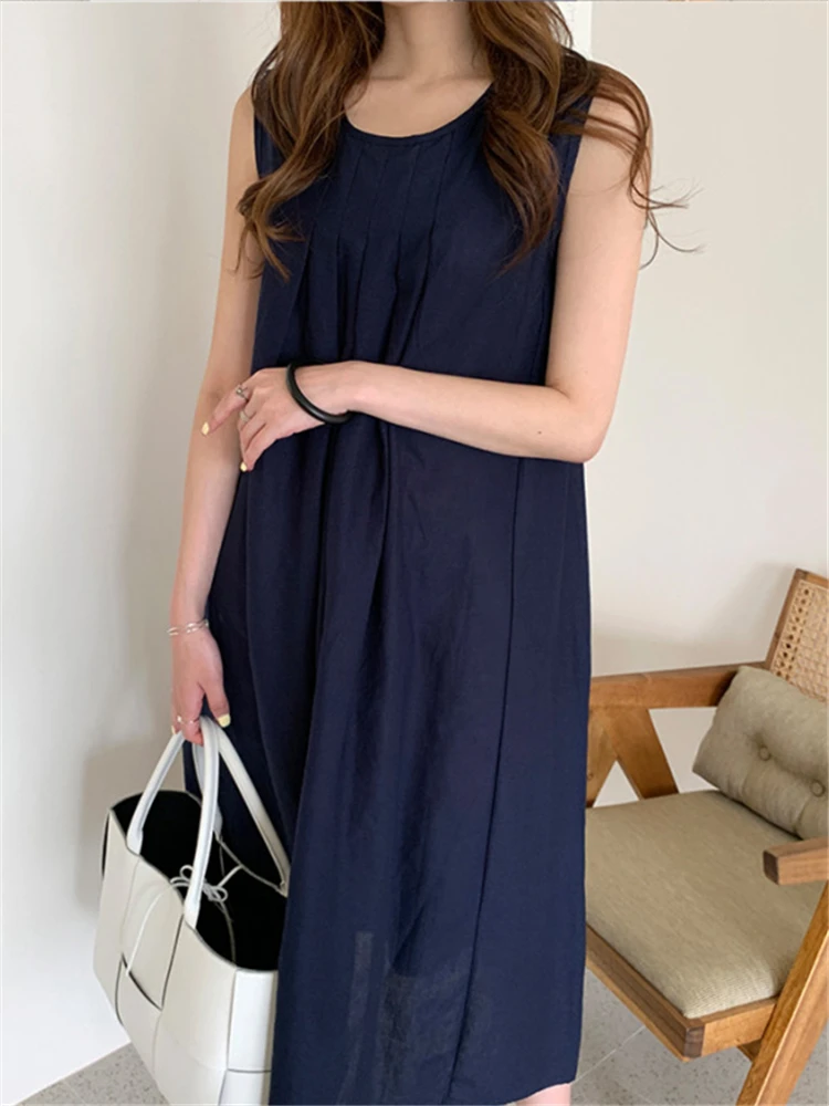 REALEFT Summer Bohemian Cotton Linen Women's Dresses Sleeveless High Waist New 2023 O-Neck Casual Loose Tank Dresses Female