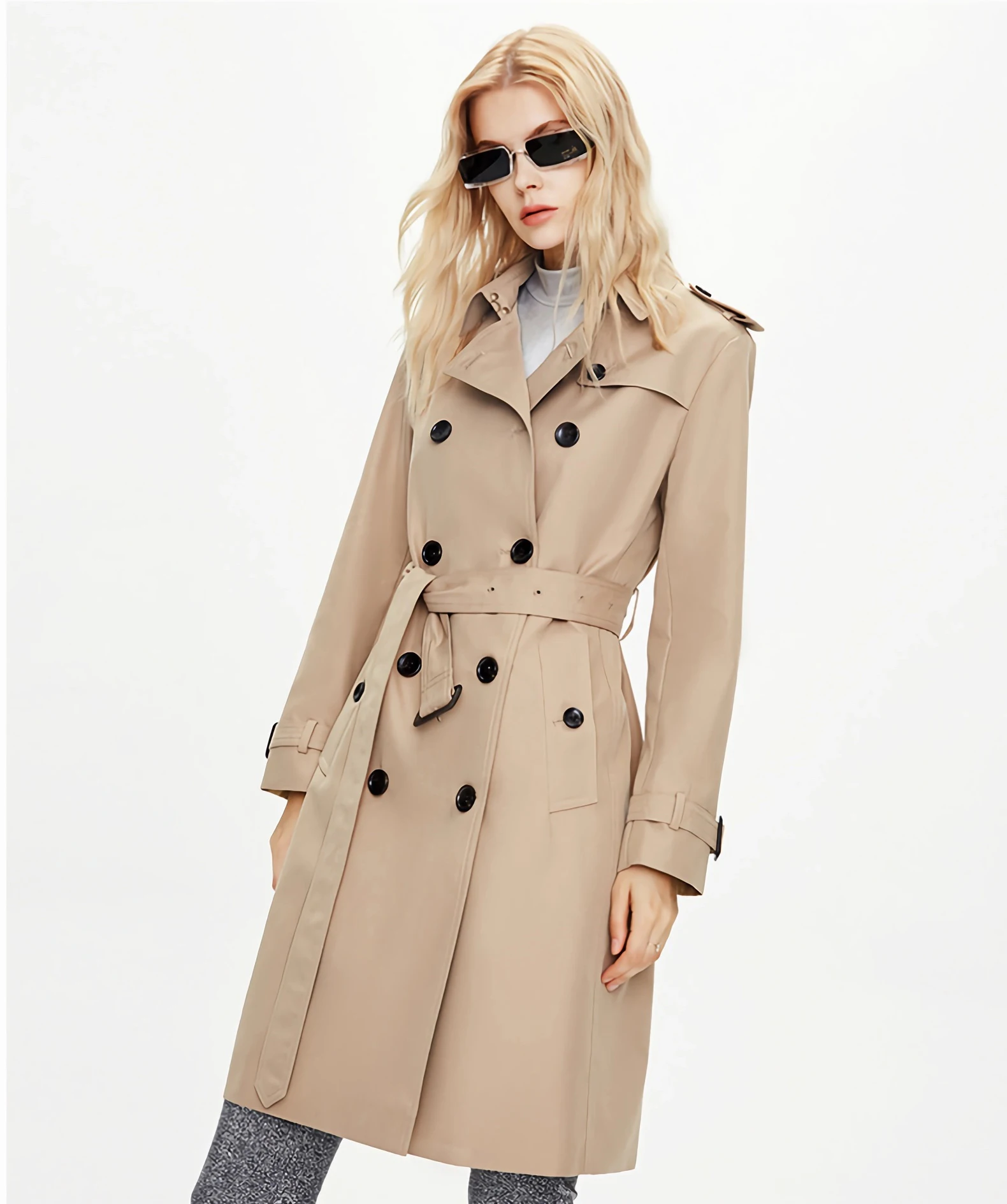 

Double Buttons Windbreaker for Women, Long Down Jacket, Khaki Overcoat, Trench Coat with Belt, High Quality Brand