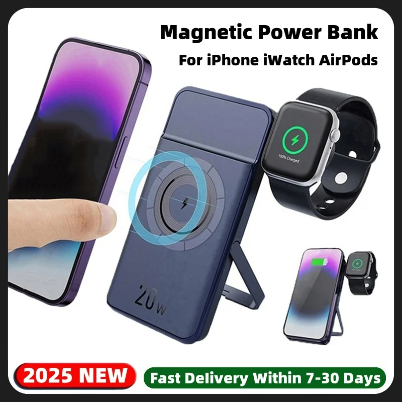 

10000mAh Magnetic Power Bank For Apple Watch Powerbank External Spare Battery Wireless Fast Charger for iPhone 16 15 14 13 12 11