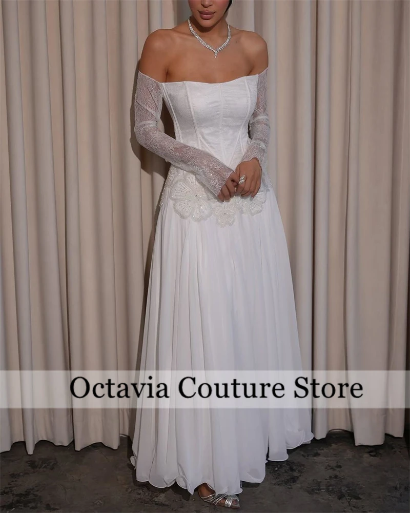 Sukienka wieczorowa szyta na miarę, delikatna, biała, szyfonowa, dekolt łódka, odkryte ramiona, długie rękawy, suknie celebrytek, Vestido De Fesفستان وردي