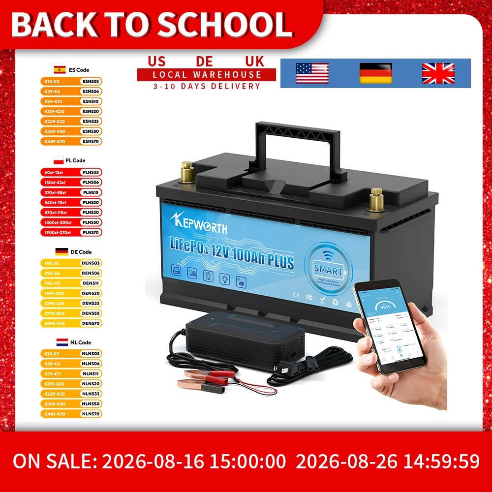 KEPWORTH 12V 100Ah LiFePO4 Bluetooth-Akku mit 100A BMS Deep Cycle Lithium-Akku für Wohnwagen, Camping, Boote, Wohnmobile