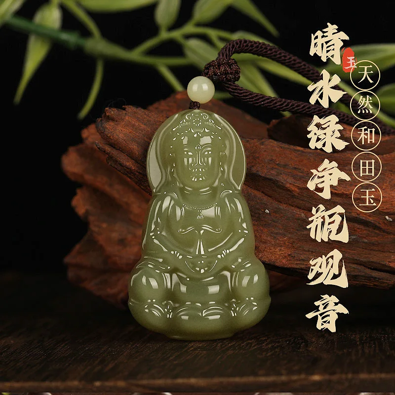 

Natural Light Green Hetian Jade Guanyin Pendant Chinese Style Lucky Blessing Wealth Peace Amulet Necklace For Men And Women Jewe