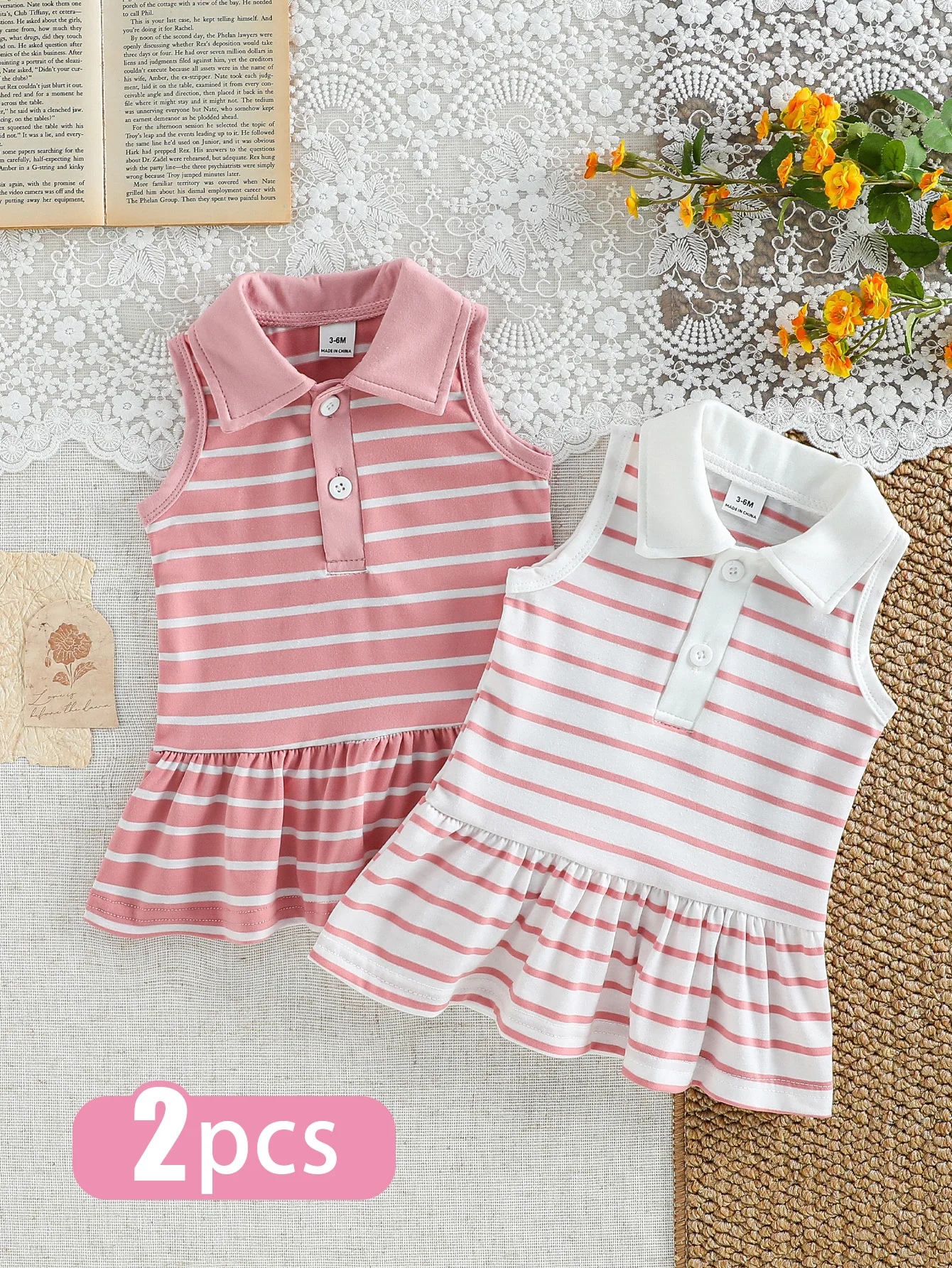 Baby Girl Stripe Set: Classic pink & white stripe 2-piece set with lapel collar and sleeveless design. Perfect for summer outing