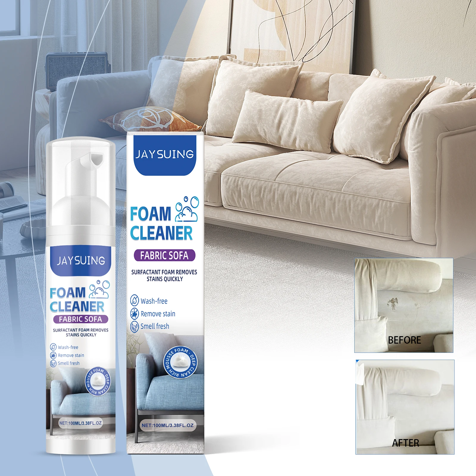 Jaysuing Multipurpose Textile Foam Cleaning Spray Deep Decompose Tough Dirt Odor Refresh for Sofa Mattress Curtain Care 100ml