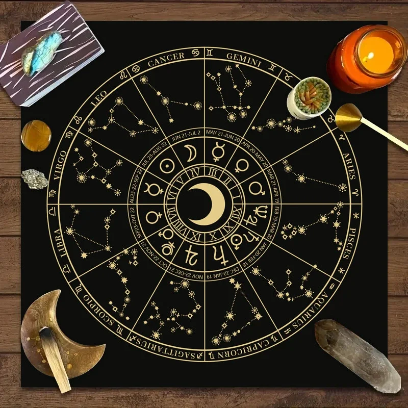 VIKAMA Moon Magick & Zodiac Tarot Altar Cloth Astrology Owl Divination Tablecloth Witchcraft Spiritual Home Decor