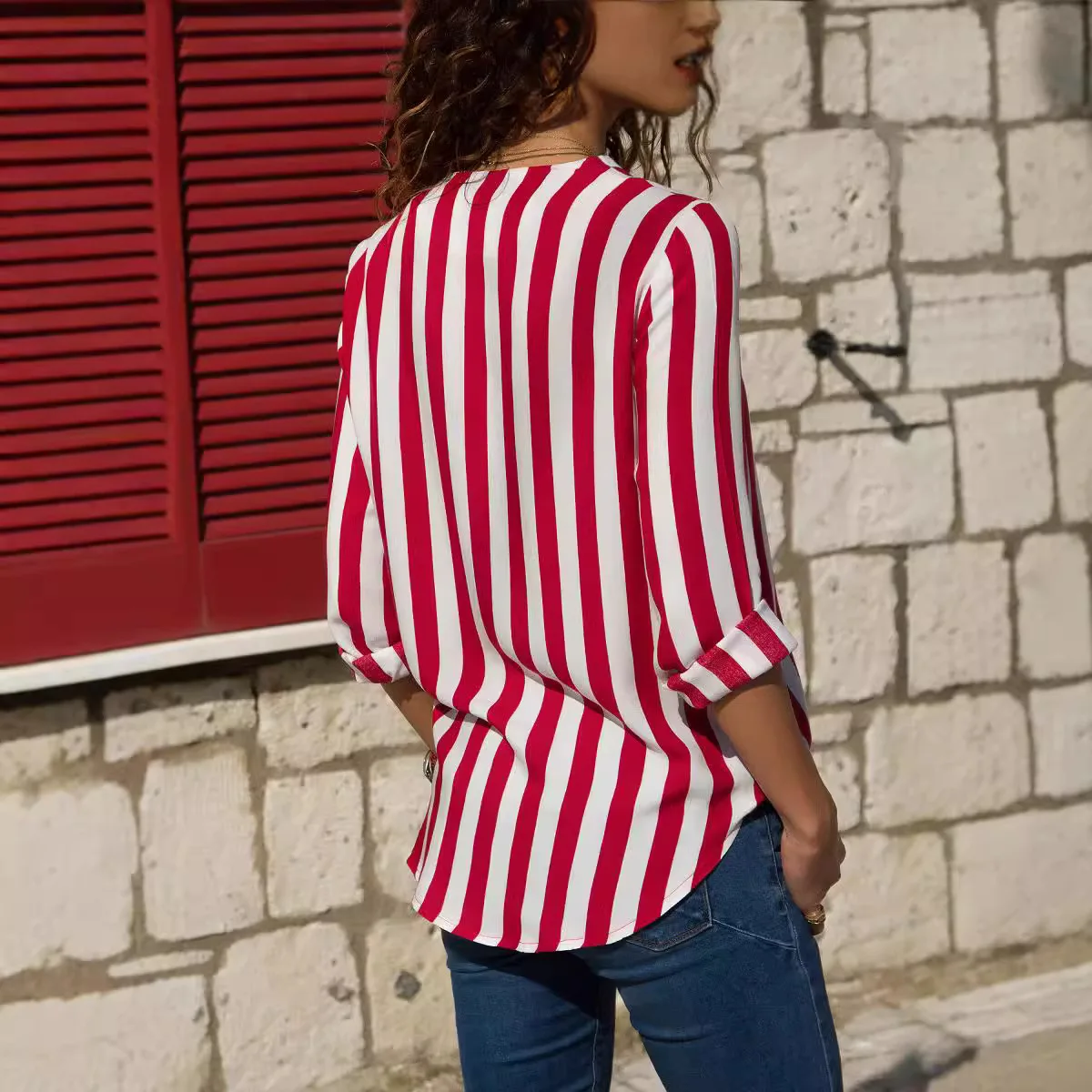 Camiseta de manga larga con cuello en V, camisa cruzada holgada a rayas, Otoño/Invierno