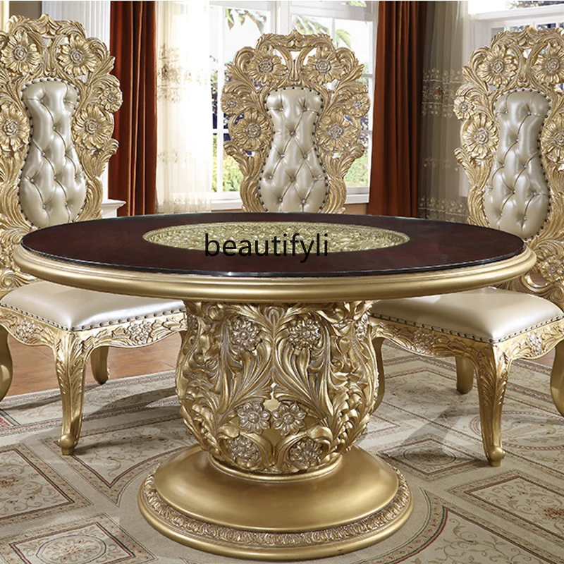 European solid wood carved round dining table 1.5 meters 6 people round dining table French palace family dining table