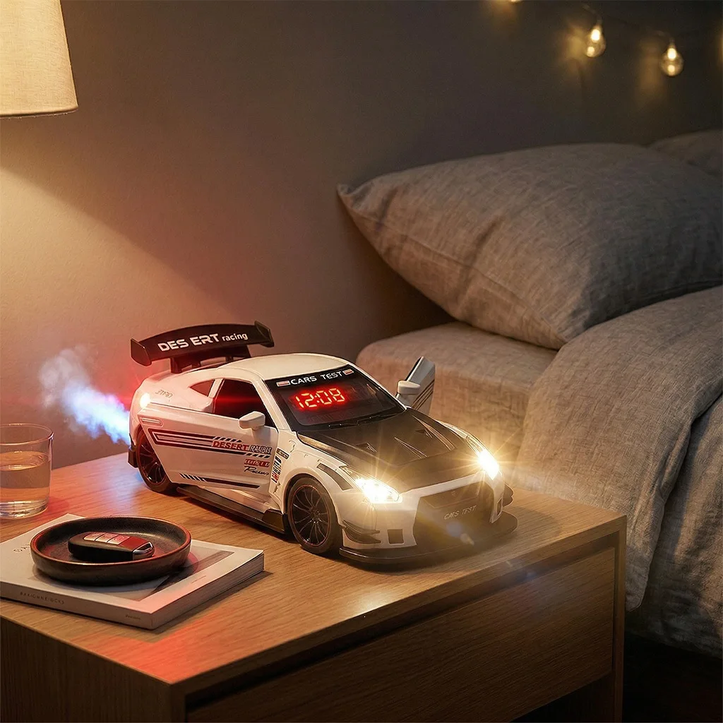 Rechargeable Supercar Shaped Alarm Clock, Remote Controlled LED Exhaust Light & Engine Sound, Bedroom Ornament Gift