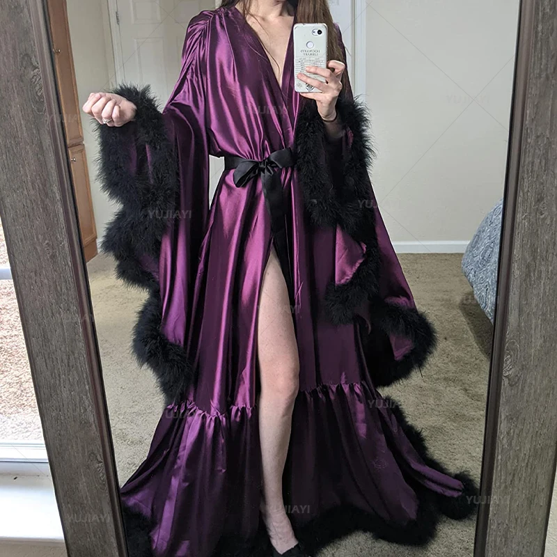 Luxury Women Robe Flare Sleeves Feather Bridal Robe Silk Satin Boudoir Lingerie Sleepwear Maternity Wedding Party Dressing Gown