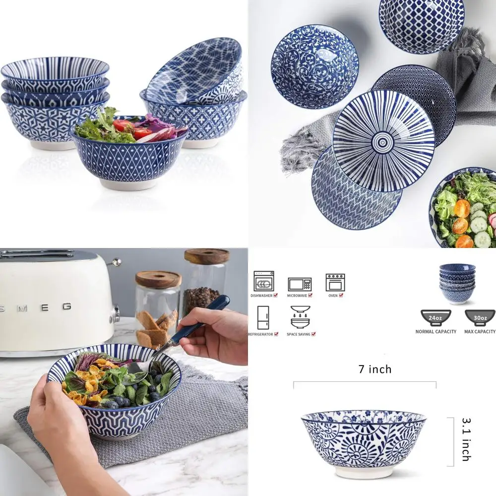

7 inches porcelain cereal bowl set - set of 6, soup bowls, ceramic bowls for cereal, soup, salad and pasta, vintage blue