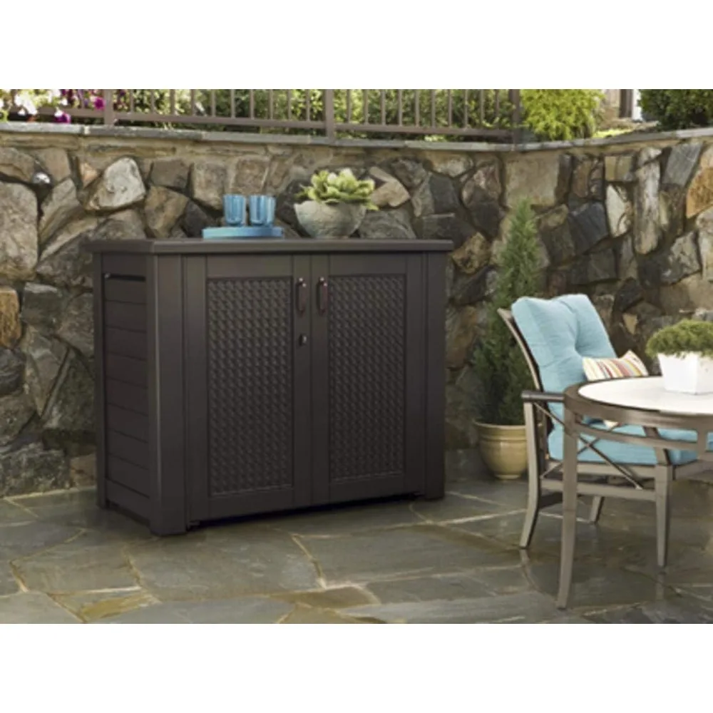 Rubbermaid Extra Large Decorative Patio Storage Cabinet, Weather Resistant, 123 Gal., Dark Teakwood, for Garden/Backyard/Home