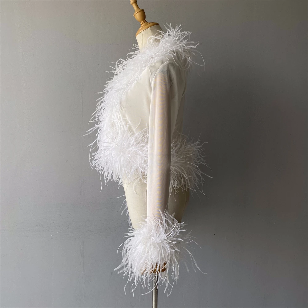 Jxwatcher Women's Sexy Mesh Feather Tops Spring Summer Ladies Vintage Celebrity Real Ostrich Feather Coat Fashion Party Wear New