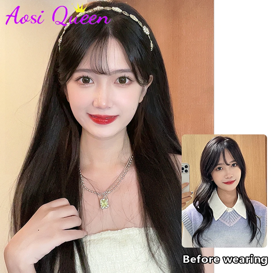 AOSI Synthetic Wig Piece Women's Long Hair Bow Tie Hair Band Wig One Piece Imitation Full Silk Large Wave Detachable